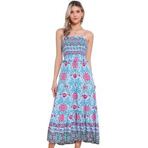 Boho Floral Dresses for Summer Spaghetti Strap Midi Dress Light Blue
